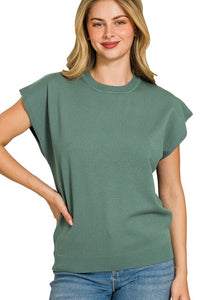 Zenana Viscose Round Neck Short Sleeve Sweater Knit Top in Ash Jade
