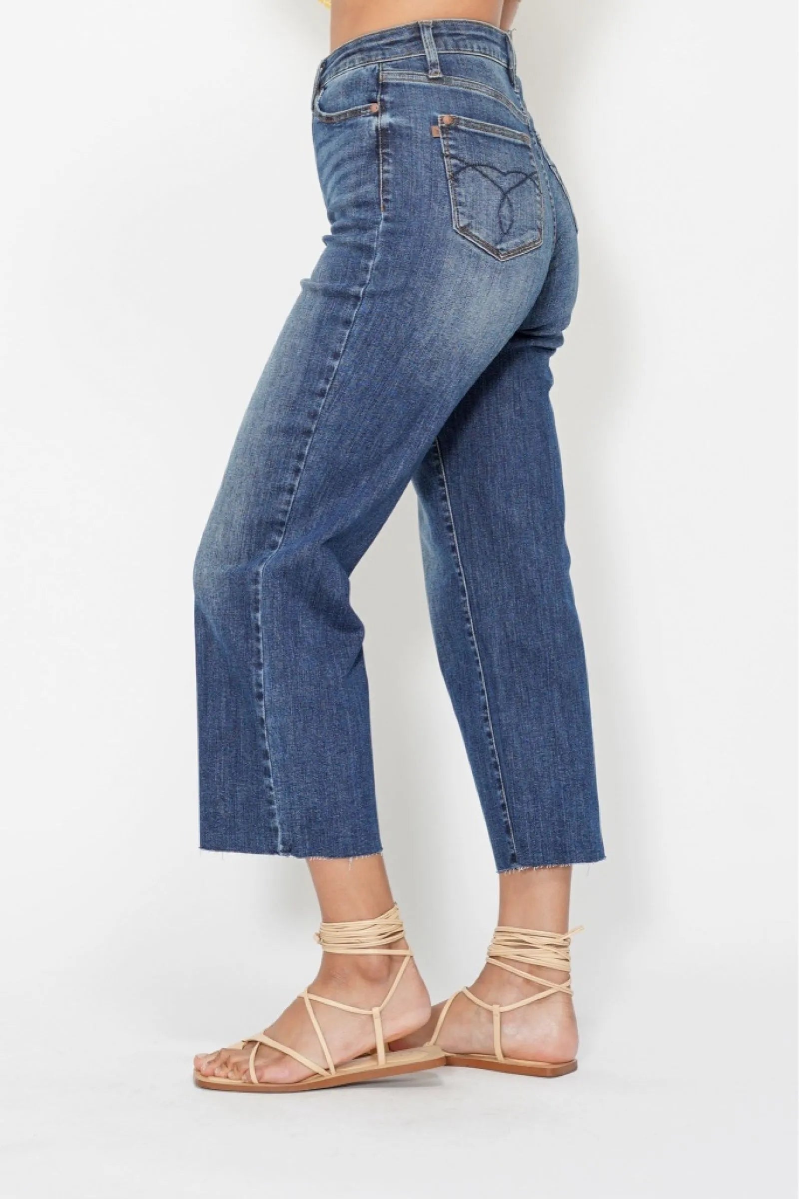 Judy Blue High Rise Back Pocket Embroidery Crop Wide Leg Jeans
