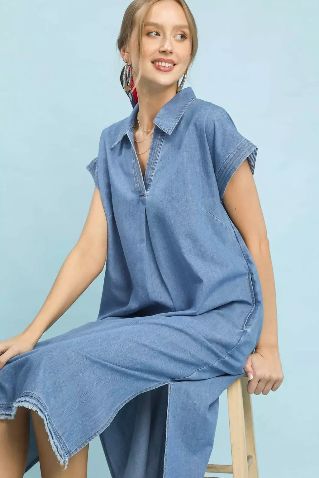 Umgee Stone Washed Collared Denim Midi Dress - Light Denim
