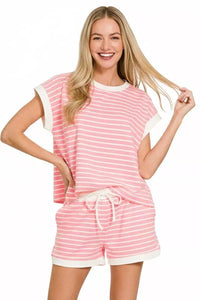 Zenana Stripe Contrast Trim Top & Shorts Set in Pink