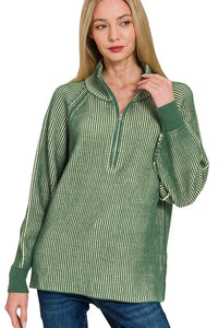 Zenana Ribbed Two Tone Half Zip Sweater in Dark Green