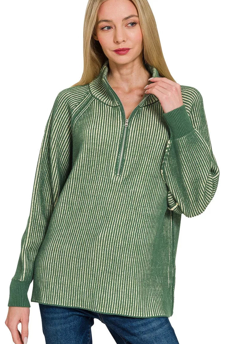 Zenana Ribbed Two Tone Half Zip Sweater in Dark Green