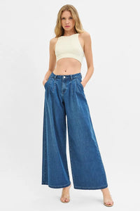 Risen High Rise Wide Leg Knit Denim Pants