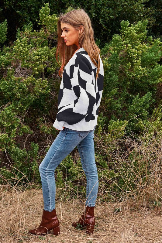 Black & White Geo Checker Pullover Sweater