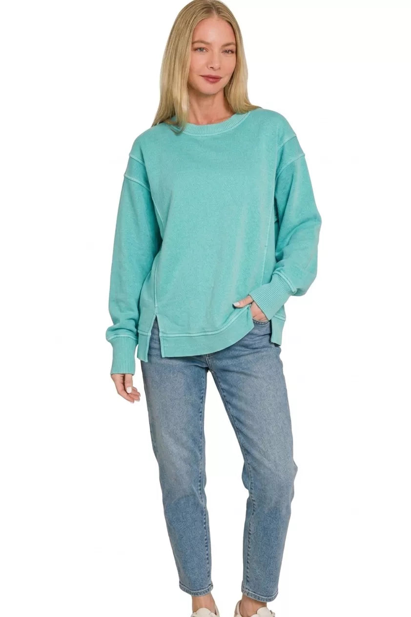 Zenana Pigment Dye Exposed-Seam Fleece Sweatshirt in Turquoise