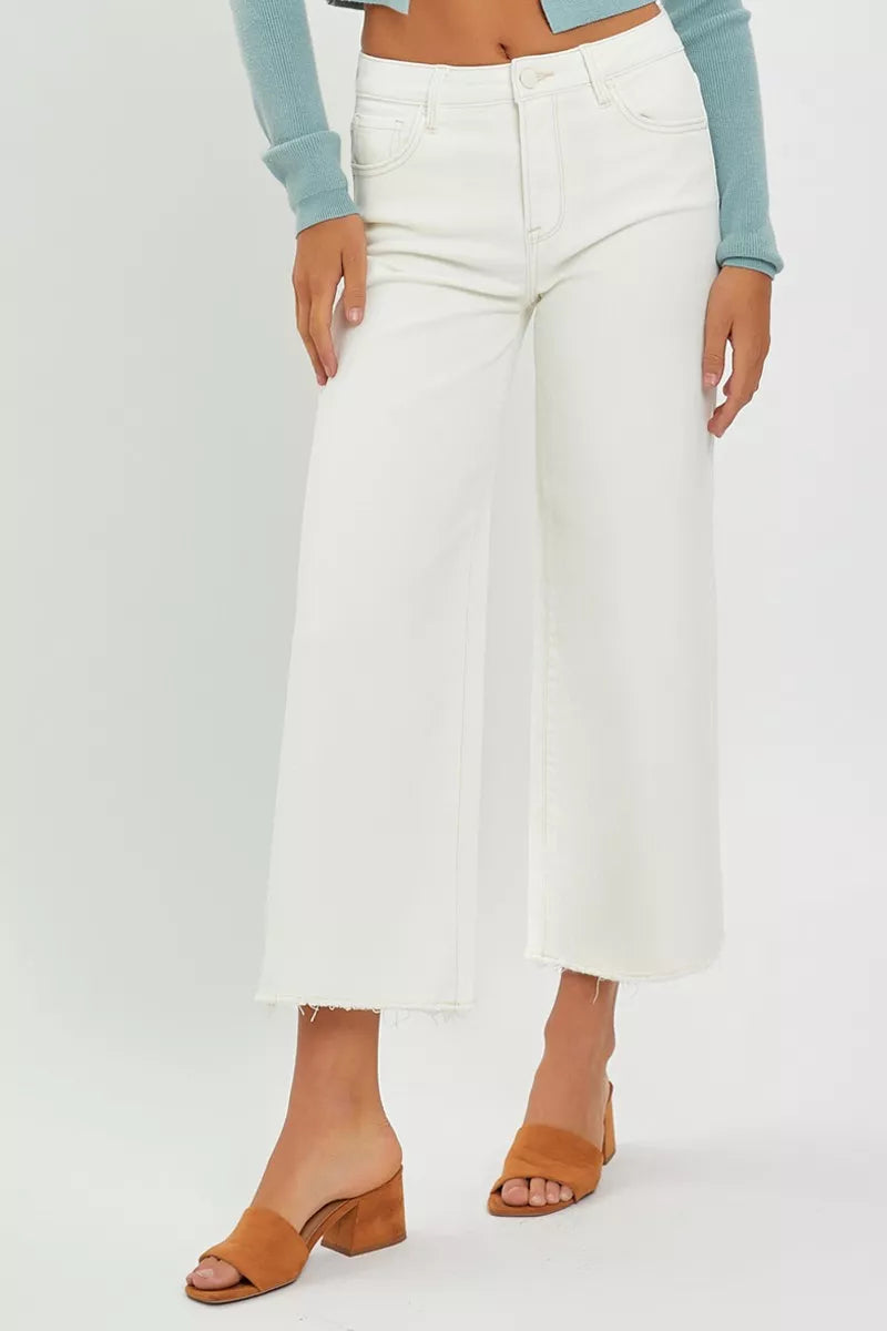 Risen Tummy Control High Rise Cream Wide Leg Jeans