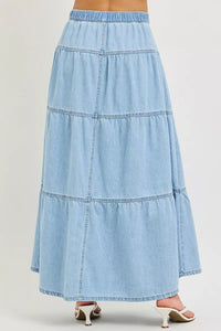 Risen Tiered Denim Maxi Skirt - Light Wash