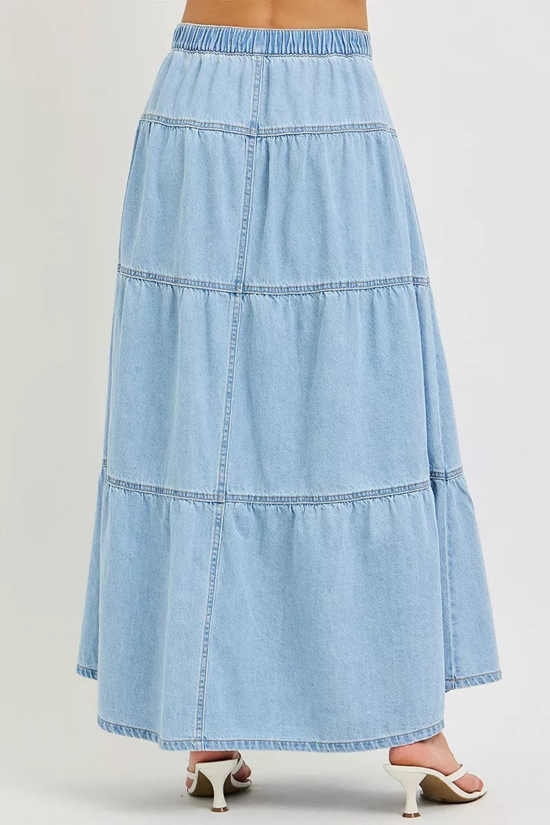 Risen Tiered Denim Maxi Skirt - Light Wash