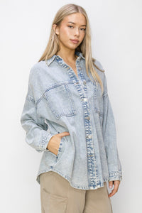 RISEN Acid Wash Button Up Long Sleeve Shacket