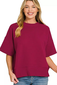 Zenana Ribbed Round Neck Banded Top in Cabernet