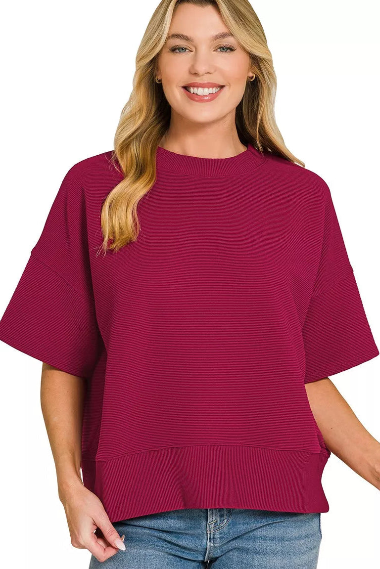 Zenana Ribbed Round Neck Banded Top in Cabernet