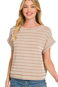 Zenana Boxy Raised Rib Striped Top in Ash Mocha