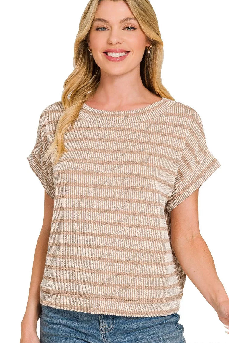 Zenana Boxy Raised Rib Striped Top in Ash Mocha