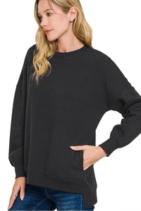 Fleece Hi-Low Boyfriend Sweatshirt with Pockets - Black