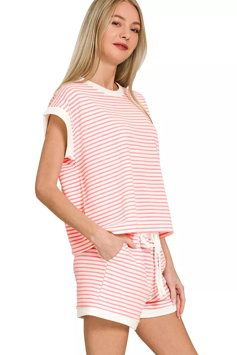 Zenana Stripe Contrast Trim Top & Shorts Set in Dark Pink