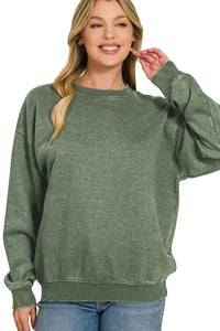 Zenana Fleece Enzyme Washed Round Neck Sweatshirt in Army Green