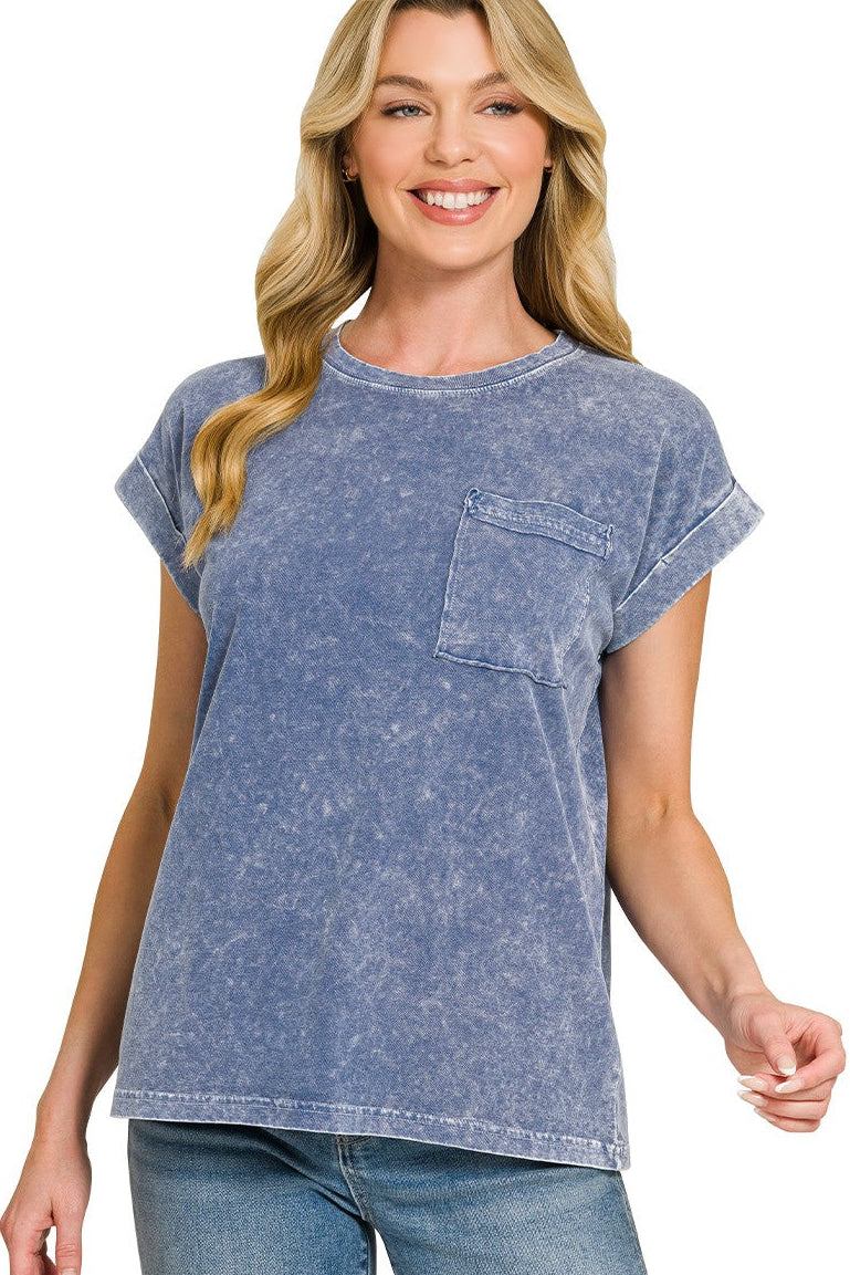 Halo Washed Cotton Cuffed Short Sleeve Top in Navy