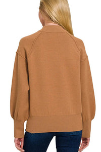 Camel Mock Neck Exposed Seam Sweater