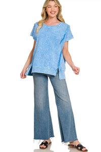 Zenana French Terry Halo Snow Washed Oversized Hi-Low Top in Ocean Blue