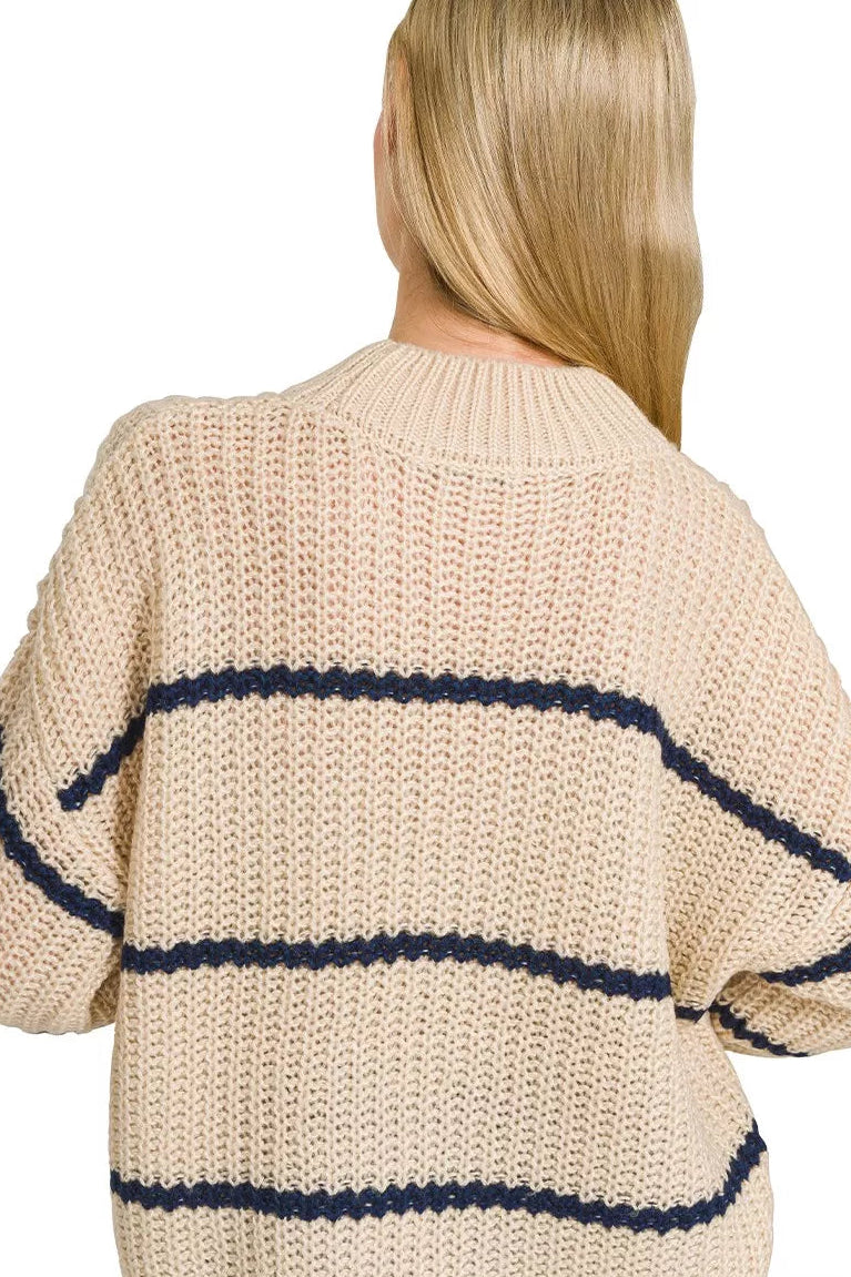Zenana Oversize Striped Sweater in Taupe
