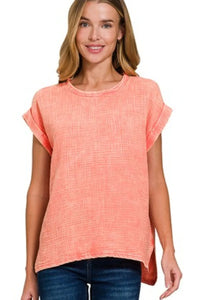 Zenana Coral Woven Double Gauze Acid Washed Short Sleeve Top