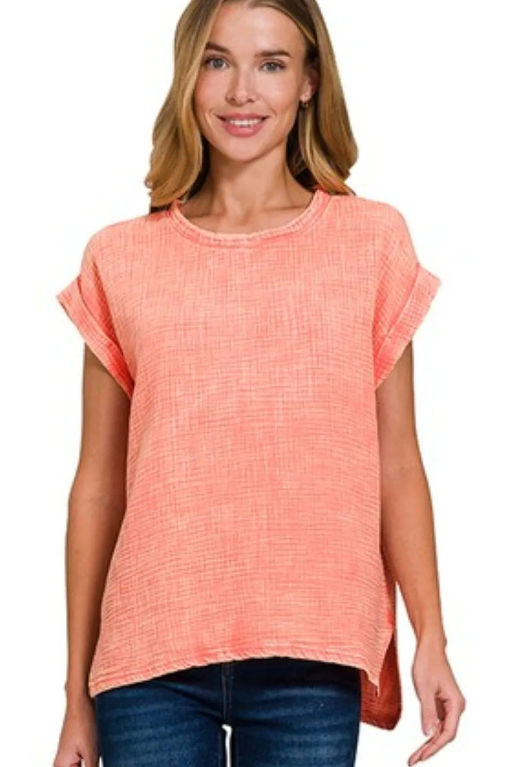 Zenana Coral Woven Double Gauze Acid Washed Short Sleeve Top