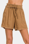 Linen Frayed Hem Drawstring Shorts
