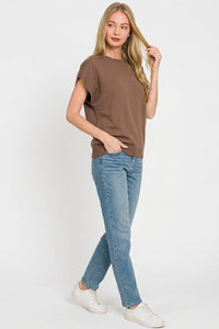 Zenana Viscose Round Neck Short Sleeve Sweater Knit Top in Brown