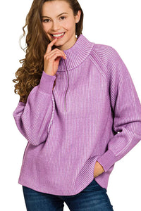 Zenana Ribbed Two Tone Half Zip Sweater in Violet/Lavender