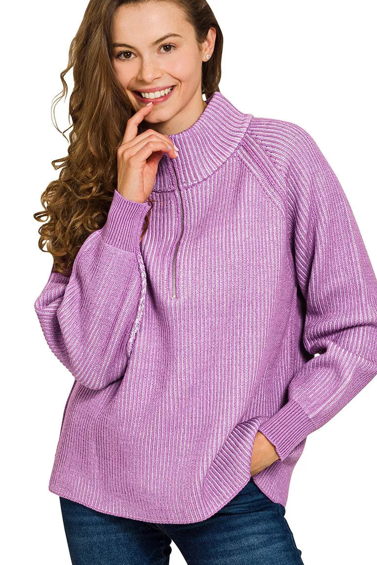 Zenana Ribbed Two Tone Half Zip Sweater in Violet/Lavender