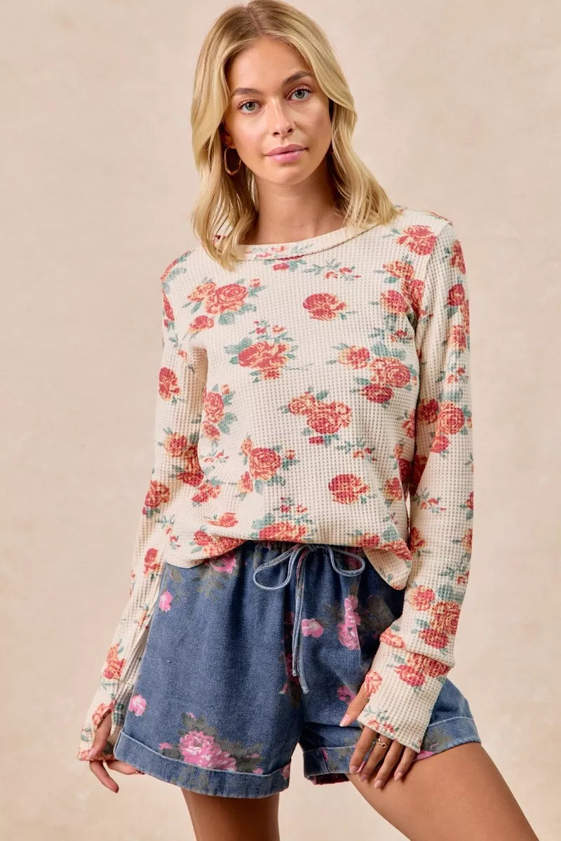 Bibi Floral Print Washed Waffle Knit Thermal Top