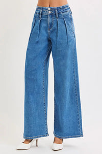 Risen High Rise Pleated Wide Leg Jeans