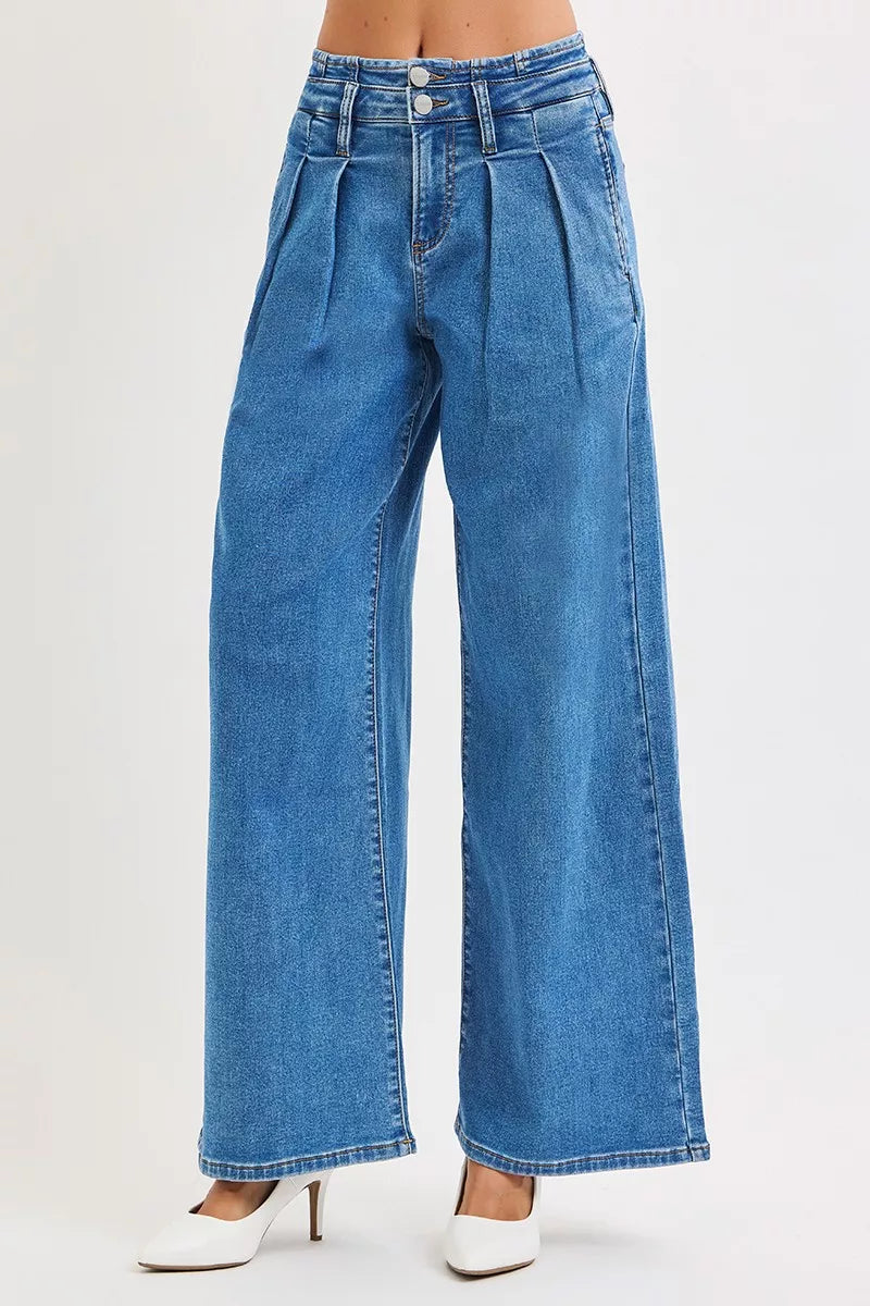 Risen High Rise Pleated Wide Leg Jeans