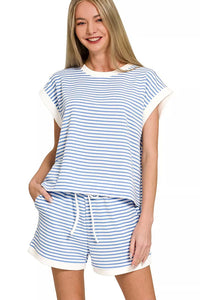 Zenana Stripe Contrast Trim Top & Shorts Set in Cornflower Blue