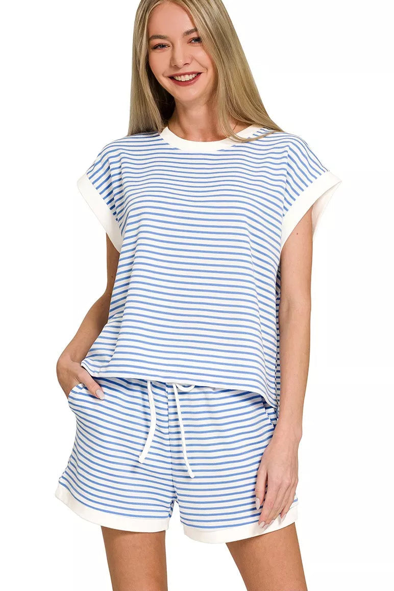 Zenana Stripe Contrast Trim Top & Shorts Set in Cornflower Blue