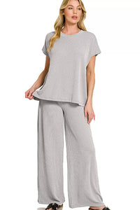 Zenana Raised Rib Relaxed Top &amp; Pants Set Sleet Grey