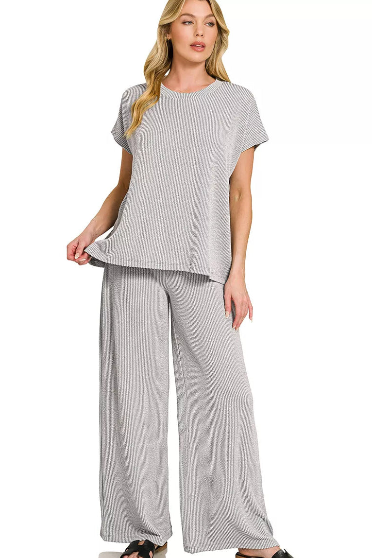 Zenana Raised Rib Relaxed Top &amp; Pants Set Sleet Grey
