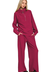Ribbed High Neck Half Zip Pullover & Pants Set in Cabernet