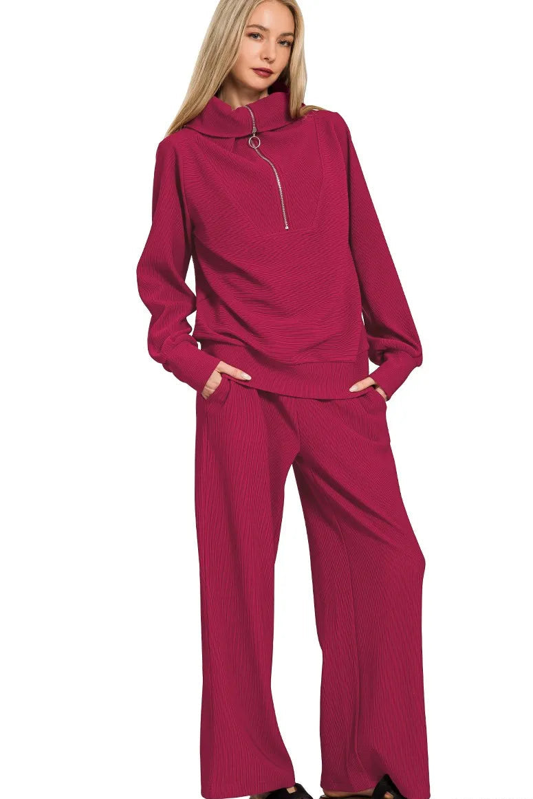 Ribbed High Neck Half Zip Pullover & Pants Set in Cabernet