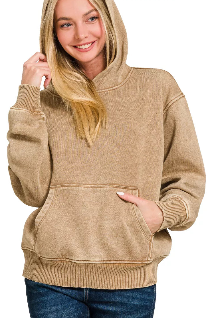 Fleece Mineral Wash Basic Hoodie in Deep Camel