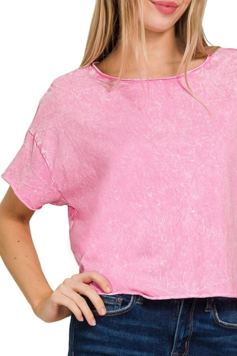 Zenana Washed Crew Neck Short Sleeve Crop Boxy Tee