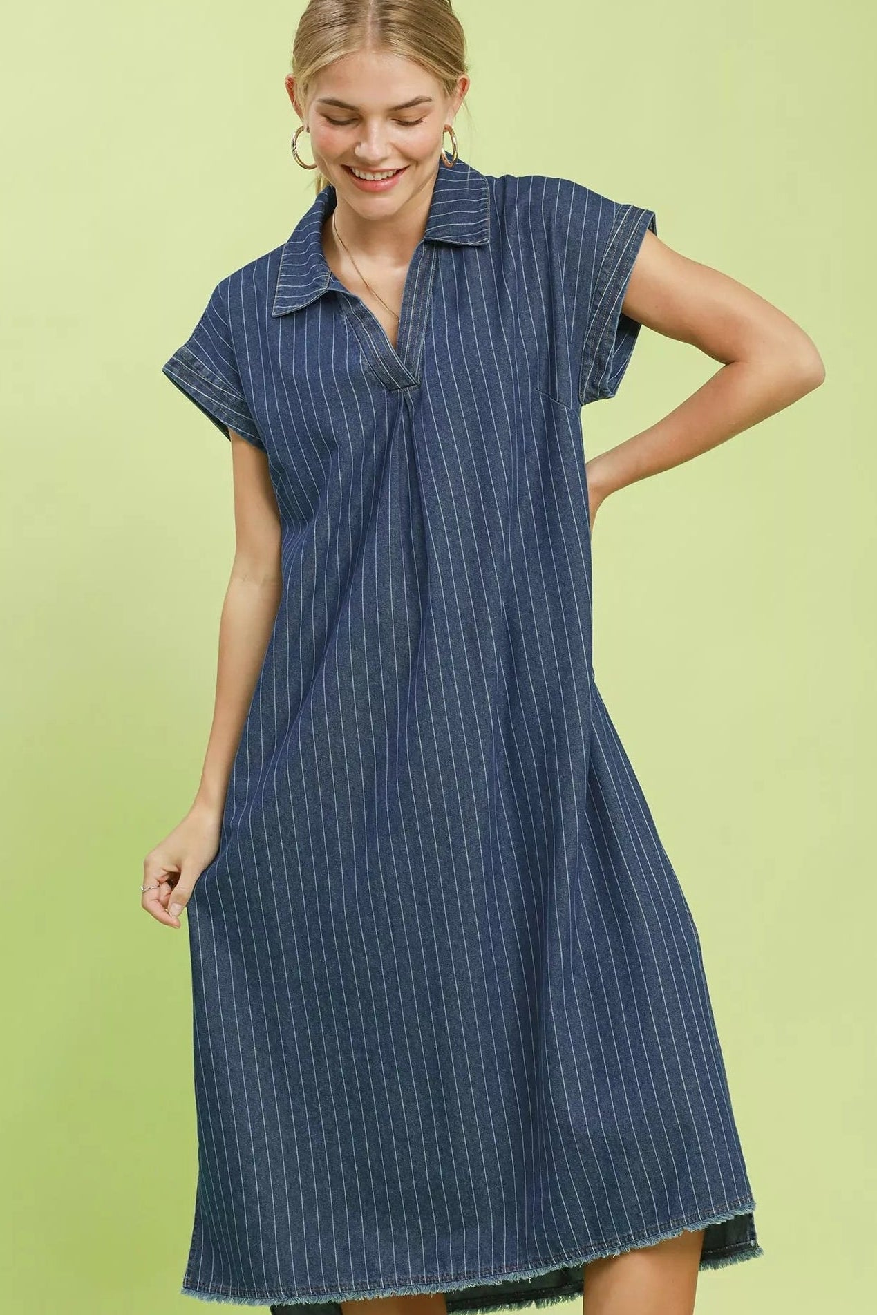 Umgee Pinstripe Denim Collared Midi Dress with Side Slits - Dark Denim