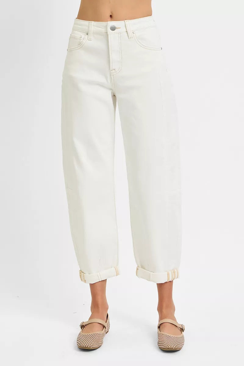 Risen High Rise Cream Barrel Cropped Jeans