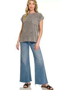 Zenana Halo Washed Cotton Cuffed Short Sleeve Top in Ash Black