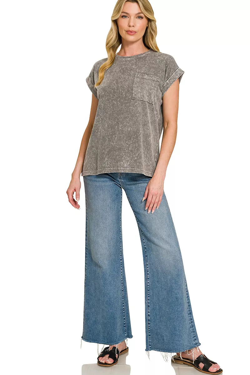 Zenana Halo Washed Cotton Cuffed Short Sleeve Top in Ash Black