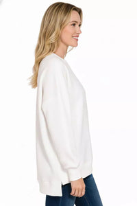 Zenana Fleece Hi-Low Boyfriend Sweatshirt with Pockets - Off White