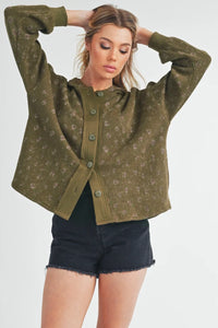 Aemi + Co Olive Floral Button Up Hooded Sweatshirt