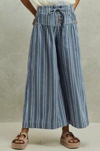 So Me Stripe Denim Washed Pleat Wide Leg Pants