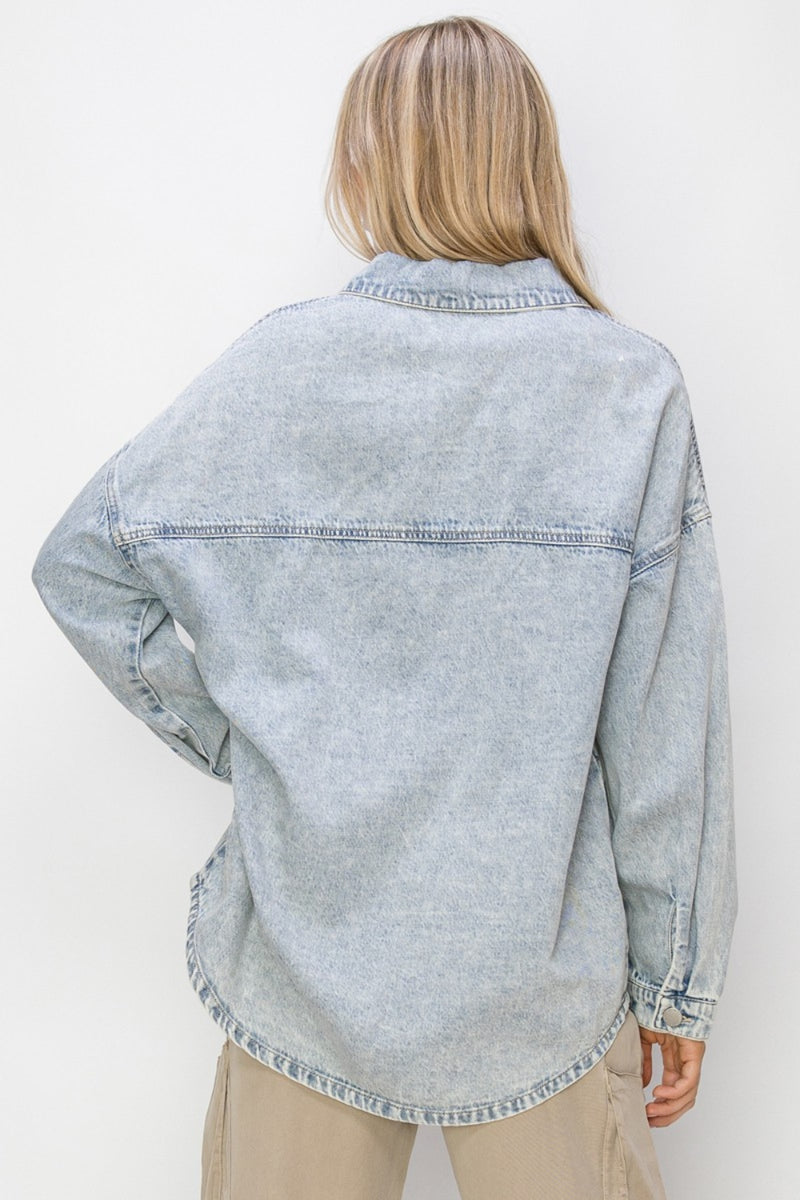 RISEN Acid Wash Button Up Long Sleeve Shacket