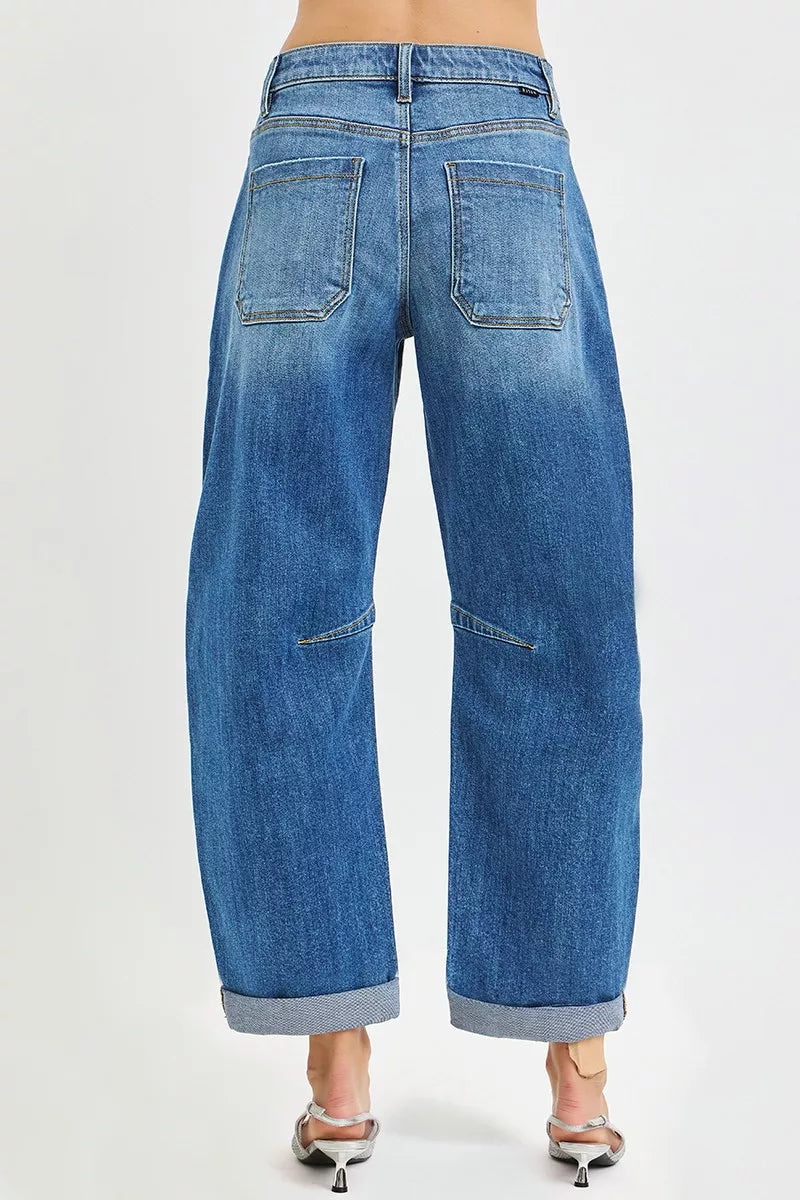 Risen Slouchy Cropped Cuffed Hem Barrel Jeans 